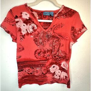 Vtg Red And Black Floral And Paisley Size Small Blouse